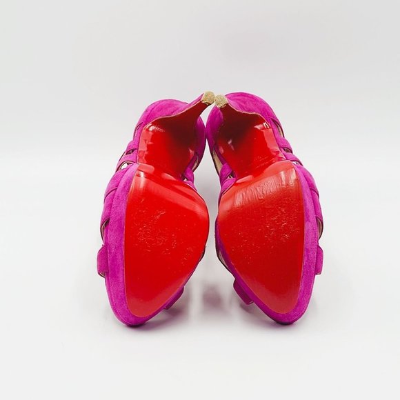 Christian Louboutin Heels Balota Fuchsia Hot Pink Multi Strap Suede Booties 37 - Picture 6 of 7